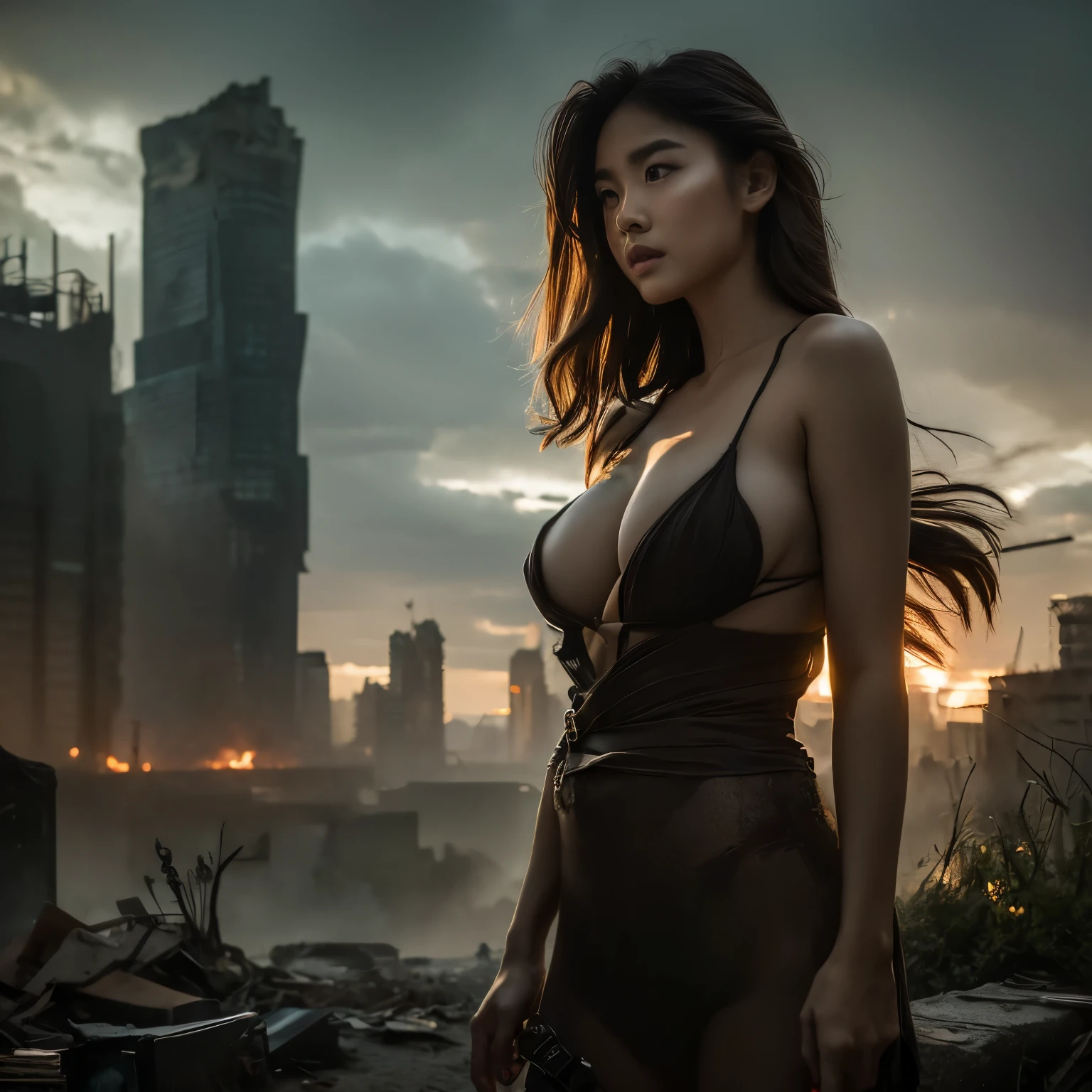 (highest quality、4K、High resolution、master piece: 1.2)、Super detailed、real: 1.37、Natural light、Portrait、surreal colors、futuristic style、Crumbling cityscape、Overgrown vegetation、Foggy atmosphere、Contrasting shadows、tattered clothes、A strong and confident gaze、Abandoned Objects、desolation、Destroyed building silhouette、vivid graffiti、Empowering pose、hair fluttering in the wind、Expressive facial features、unforgettable beauty、Dramatic sky、eerie clouds、intricate details、urban decline、post-apocalyptic setting、Ruins in nature 、Majestic Skyline、Desperate struggle、Creepy Presence、Thought of power、強化されたThought of power、intensity of emotions、Tense atmosphere、heroic attitude、intense action、Fearless Determination、Survival from all odds、Dangerous landscapes、Iconic battle、cinematic composition、epic showdown、A moment frozen in time、mysterious aura、fortitude、Women&#39;s Support、strong female protagonist、Fascinating story、Women's power、Fierce determination、Empowering Stories