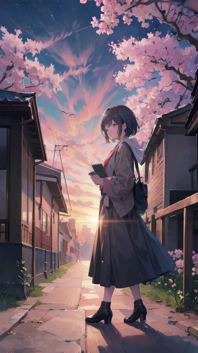 見上げるgirl シーン 1: Shadow of cherry blossoms at dusk A girl standing quietly with the sky behind her, Tinted Blue. 彼女の目の前にそびえ立つのはバベルのtowerと呼ばれる巨大な桜だ. shape, Like piercing the clouds, It&#39;nice&#39;Reaching the sky. girl&#39;視線はCherry treeの頂上に向けられている.. tower, Enveloped in the darkness of the night, Creates a fantastic atmosphere. Cherry treeの表面には複雑な模様が刻まれている.. old-fashioned. girl seemed to sense something deep within the cherry blossoms.. Is it a memory of a classic story?、Or is it a longing for an unknown fantasy world??? Scene 2: Memories of the starry sky: Countless stars twinkle in the night sky、少女はtowerの頂上に立つ. At her feet, The city lights shine like jewels. girl ,takes a deep breath. 夜風の匂いとtowerの古い匂いが混じる. girl&#39;A famous story played out in my head.. girl read a story of adventure and friendship.。 . The main character of the story, girlのように, バベルのtowerに登りました. There, She met her friends、Overcoming various difficulties. one day、The girl had a dream。, Like the main character, I&#39;Go on an adventure. Scene 3: 朝焼けの約束 朝日の光がtowerを照らす頃、少女はtowerを出た. Please think back, towerは朝日に輝いて神々It even seemed. 少女はいつかまたこのtowerに登ると決めた. And she, She vows to tell the rest of the story. step by step, girl walked into the future,Cherry tree,Scattering cherry blossoms,face close up,looking at me,meteor,short bob
