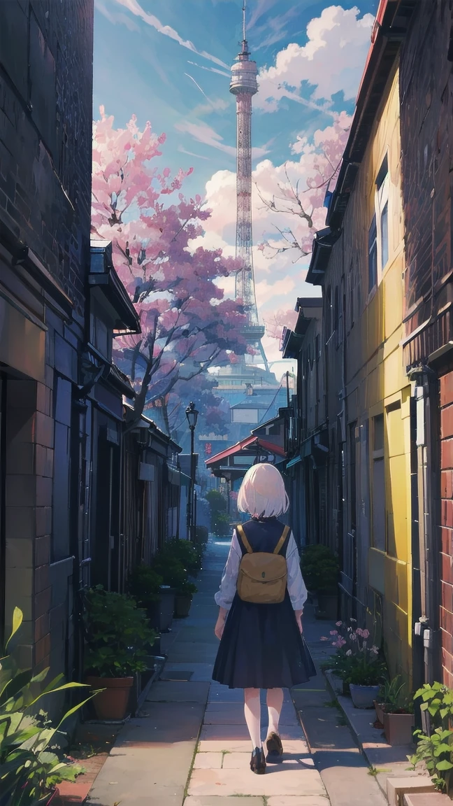 見上げるgirl シーン 1: Shadow of cherry blossoms at dusk A girl standing quietly with the sky behind her, Tinted Blue. 彼女の目の前にそびえ立つのはバベルのtowerと呼ばれる巨大な桜だ. shape, Like piercing the clouds, It'nice'Reaching the sky. girl'視線はCherry treeの頂上に向けられている.. tower, Enveloped in the darkness of the night, Creates a fantastic atmosphere. Cherry treeの表面には複雑な模様が刻まれている.. old-fashioned. girl seemed to sense something deep within the cherry blossoms.. Is it a memory of a classic story?、Or is it a longing for an unknown fantasy world??? Scene 2: Memories of the starry sky: Countless stars twinkle in the night sky、少女はtowerの頂上に立つ. At her feet, The city lights shine like jewels. girl ,takes a deep breath. 夜風の匂いとtowerの古い匂いが混じる. girl'A famous story played out in my head.. girl read a story of adventure and friendship.。 . The main character of the story, girlのように, バベルのtowerに登りました. There, She met her friends、Overcoming various difficulties. one day、The girl had a dream。, Like the main character, I'Go on an adventure. Scene 3: 朝焼けの約束 朝日の光がtowerを照らす頃、少女はtowerを出た. Please think back, towerは朝日に輝いて神々It even seemed. 少女はいつかまたこのtowerに登ると決めた. And she, She vows to tell the rest of the story. step by step, girl walked into the future,Cherry tree,Scattering cherry blossoms,face close up,looking at me,meteor,short bob