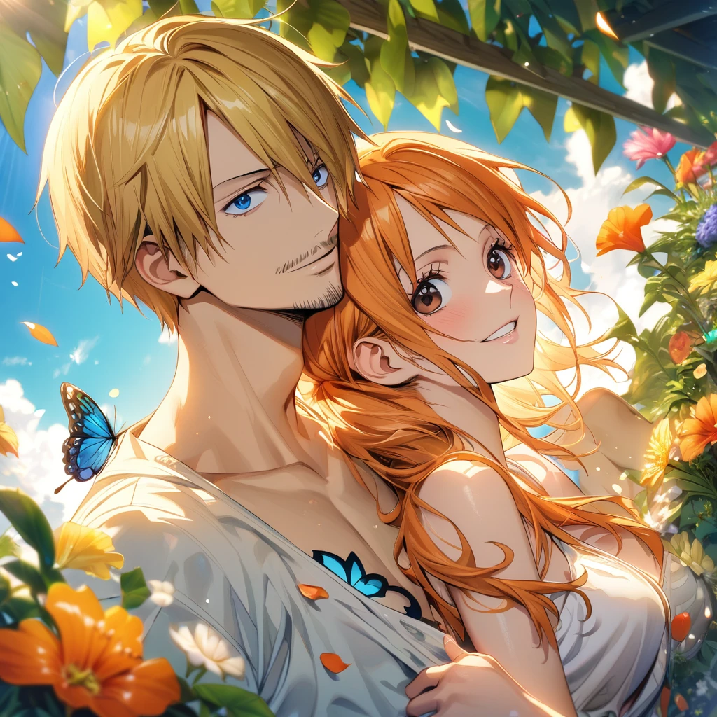 Ultra detailed, highres, absurdres, HDR, Sanji, blonde hair, blue eyes, Nami, orange hair, brown eyes, One Piece, 1 man with a woman together as a couple, green leaves, summer, flowers and petals, butterflies