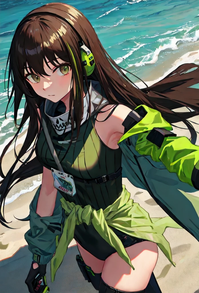 {safe:1.10}, best quality, masterpiece, highres, solo, {m4a1_girlsfrontline:0.90}, portrait, looking_at_viewermakeup, neckerchief, green armband, green one-piece sweater, black hair, long hair, (earphones), brown eyes, sand-colored windbreaker tied around the waist outdoors, at nig (in love), from above, black leotard, 