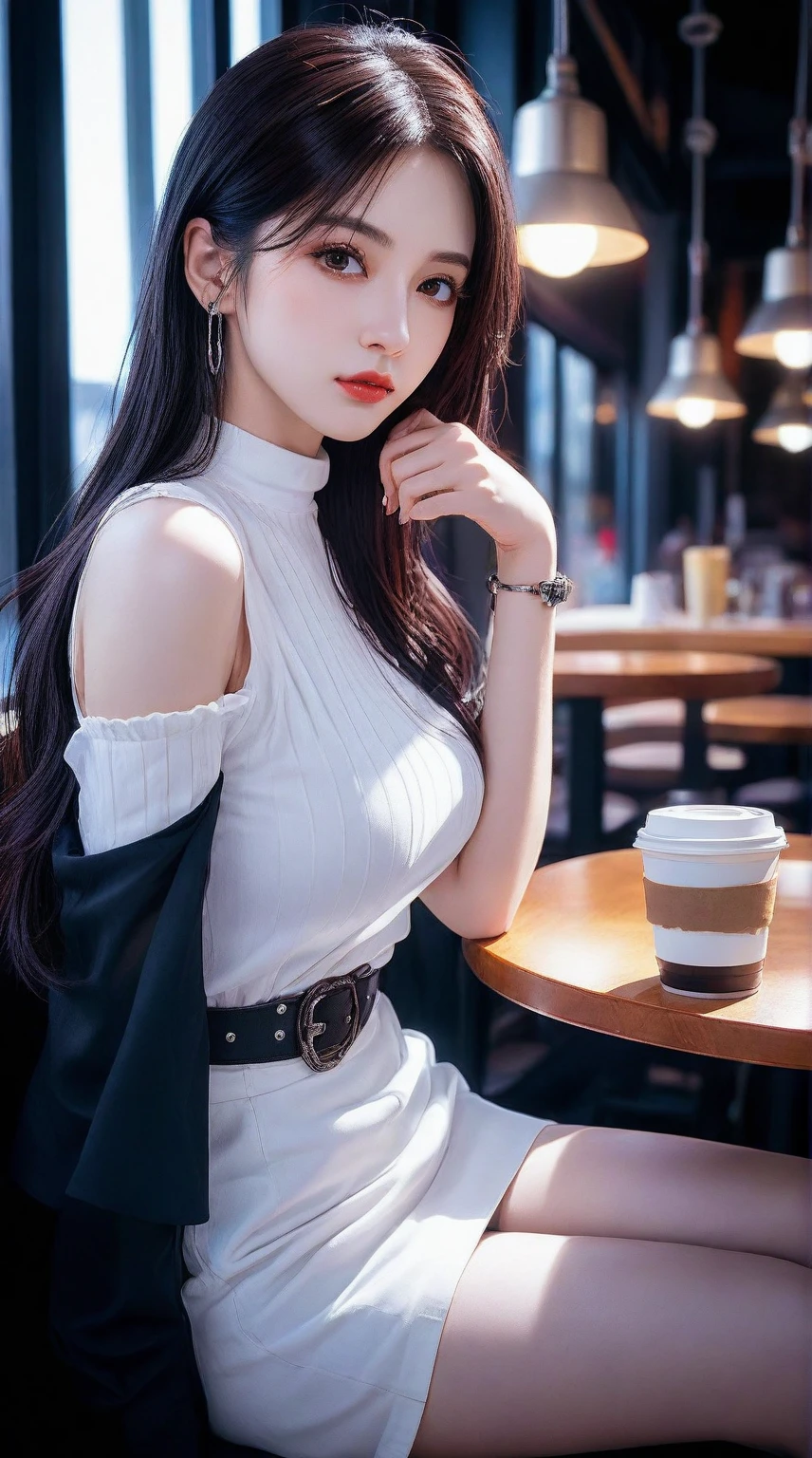 there is a woman sitting at a table with a cup of coffee, mysterious coffee shop girl, trending on cgstation, trending at cgstation, seductive tifa lockhart portrait, anime style mixed with fujifilm, by Yang J, cruel korean goth girl, with long hair and piercing eyes, tifa lockhart, anime girl cosplay, tifa, captured on canon eos r 6