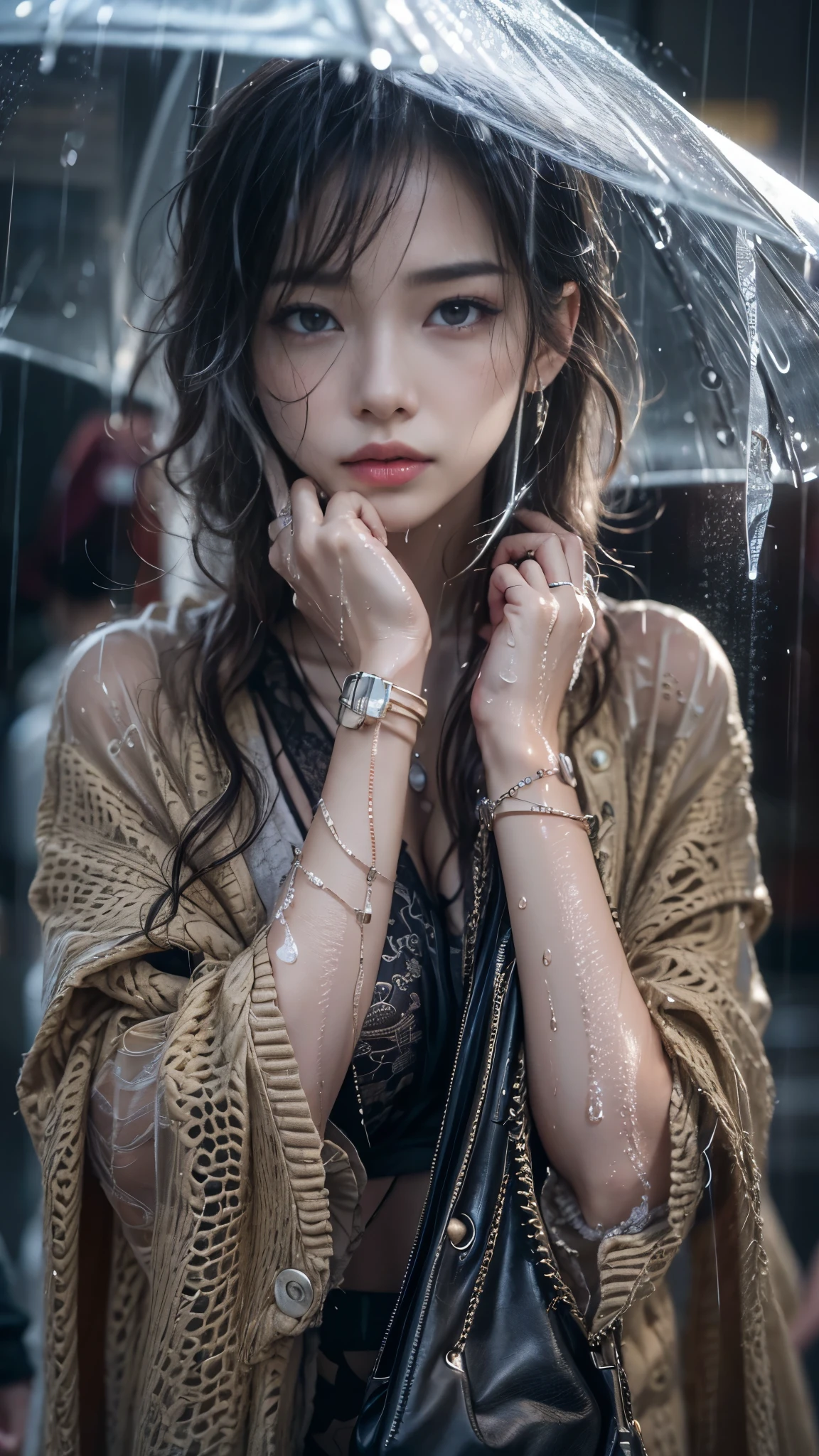 (Photoreal:1.5, 8K, highest quality:1.3, masterpiece, ultra high resolution), ((Typhoon heavy rain)), Highly detailed skin and facial textures:1.3, perfect dynamic composition:1.2, (In front of the supermarket at night, modern city, expression of sadness:0.7), Tears are flowing:0.7, cry with a broken heart:0.7), Slim office lady wet in the rain:1.2, cowboy shot, Fair skin:1.2, sexy beauty:1.1, perfect style:1.2, beautiful and aesthetic:1.1, very beautiful face:1.2, water droplets on the skin, (rain drips all over my body:1.2, wet body:1.2, wet hair:1.3), (Holding a wet shopping bag:1.2, Wearing wet casual clothes:1.35), (Medium chest, Bra see-through, Chest gap), (Big eyes that exude beautiful eroticism:0.8, adult charm:0.8, Bewitching:0.8), necklace, earrings, bracelet, wedding ring, Highly detailed and accurate hand and finger representation