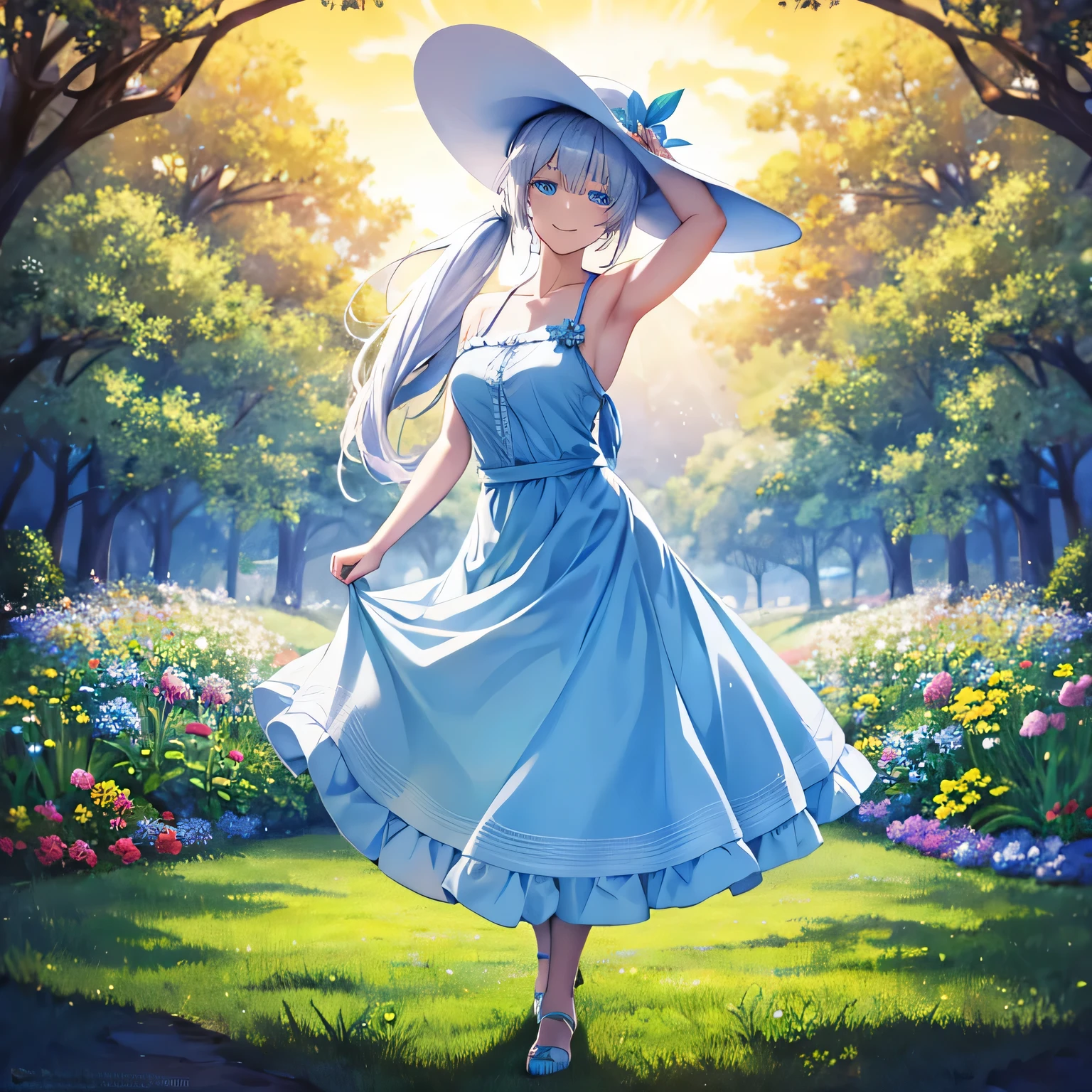 A smiling anime woman, white ponytail hair, beautiful detailed blue eyes, white eyelashes, blue sun dress, sun hat, flower garden background, full body, girlfriend pose, 4k