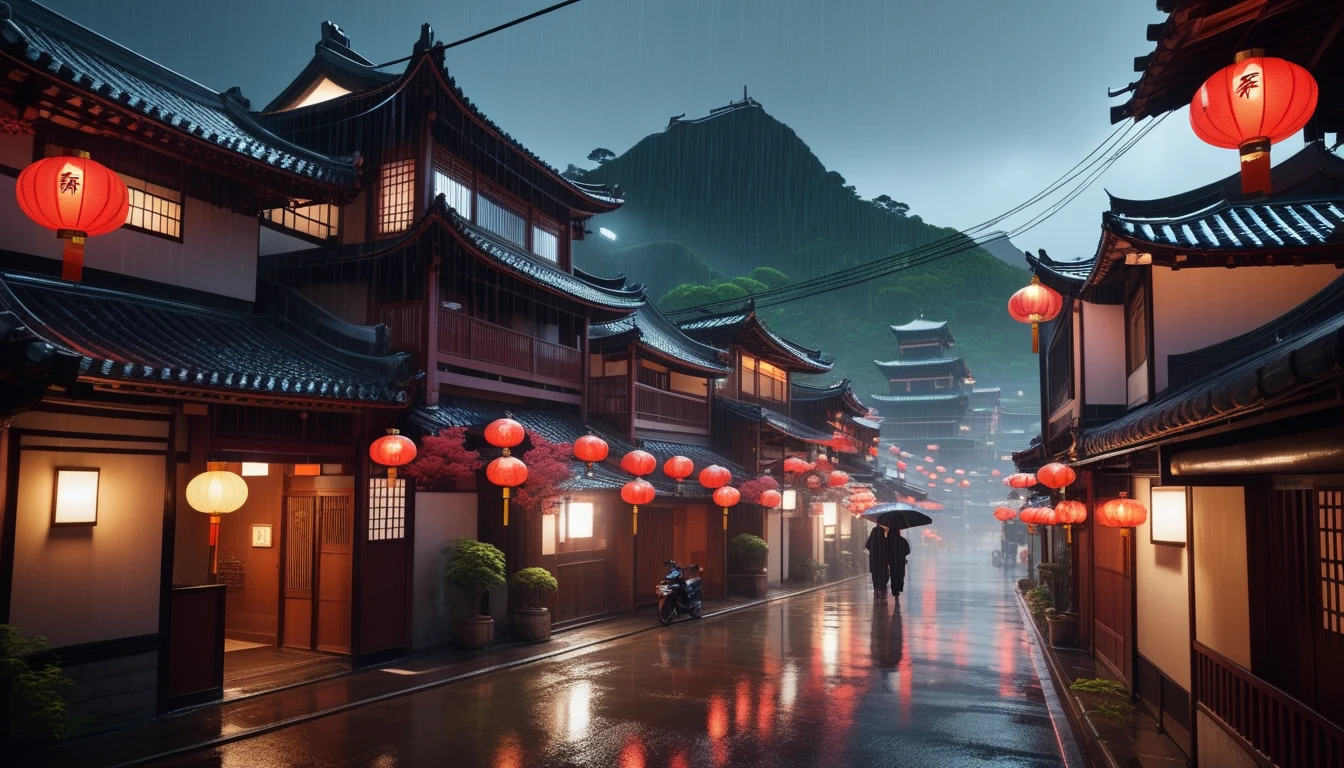 A village with lots of lights on the buildings々nice view, dreamy chinatown, chinese village, awesome wallpaper, Japanese street, japanese village, very realistic city pictures, old asian village, Japanese cities, Written by Raymond Han, rainy evening, cyberpunk chinese ancient castle, Beautifully lit building, in the evening in the rain, beautiful and aesthetic, photo shoot, cinematic, 8K, highly detailed ((heavy rain)))