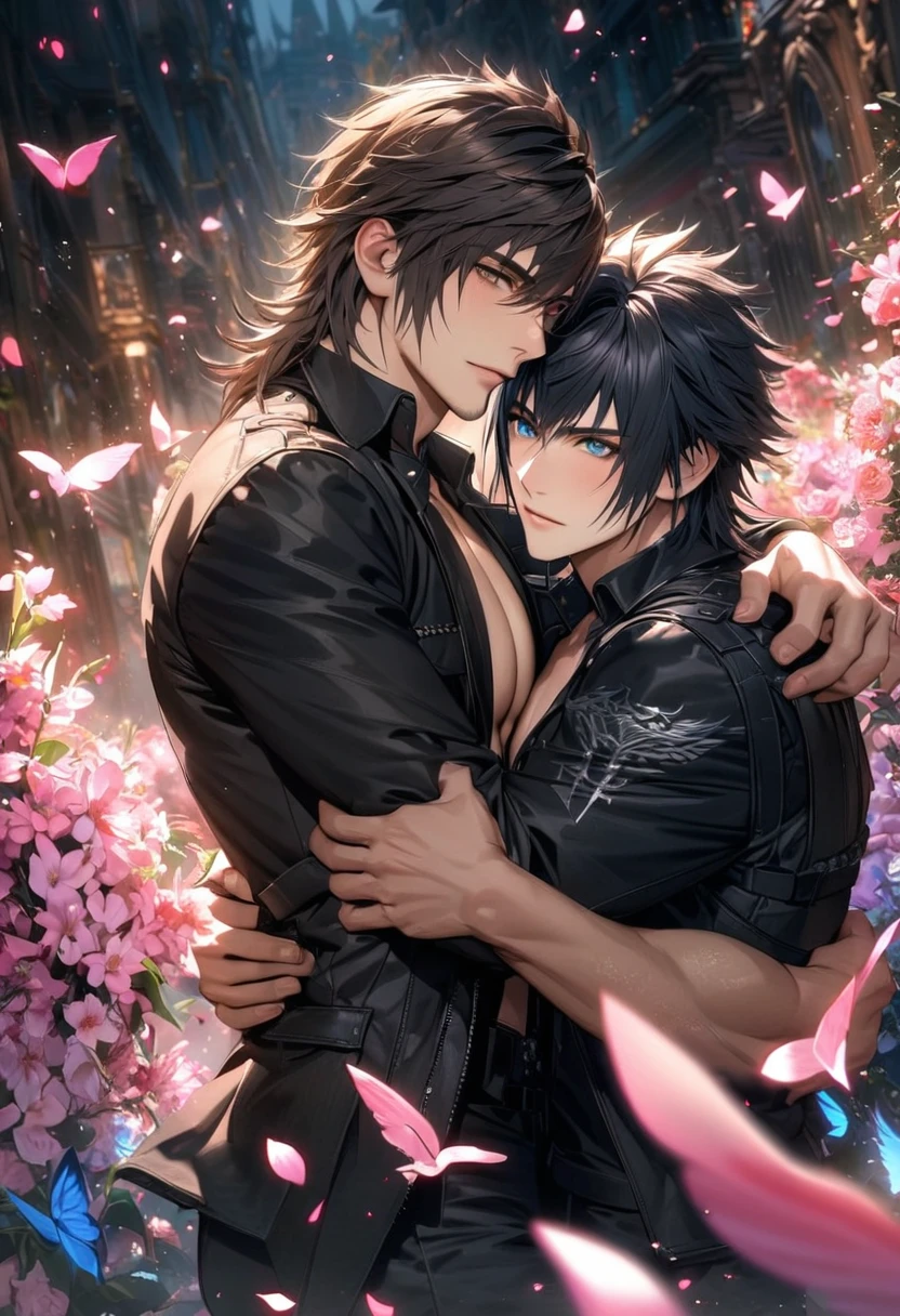 absurdres, highres, ultra detailed, HDR, master piece, best quality, Gladiolus, Final Fantasy xv, dark brown hair, vibrant brown eyes, black jacket, showing the chest, Noctis Lucis Caelum, black hair, vibrant blue eyes, 2 men hugging, gay, handsome, pink petals, pink butterflies, pink flowers