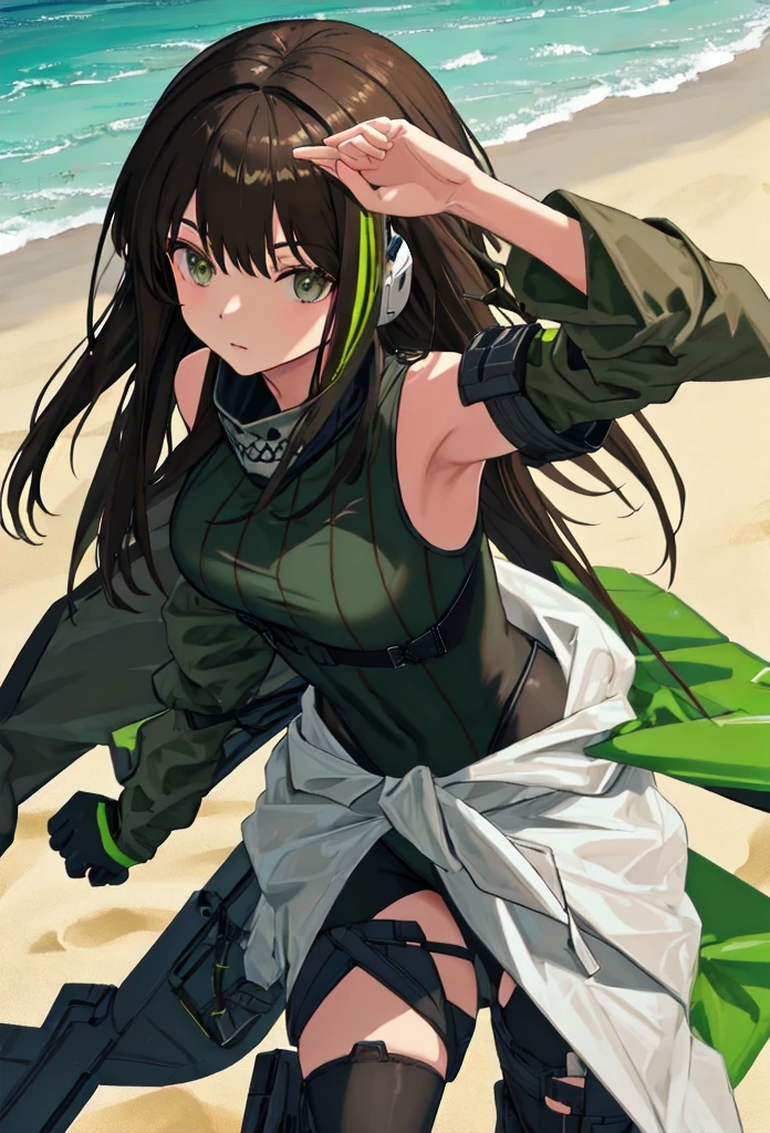 {safe:1.10}, best quality, masterpiece, highres, solo, {m4a1_girlsfrontline:0.90}, portrait, looking_at_viewermakeup, neckerchief, green armband, green one-piece sweater, black hair, long hair, (earphones), brown eyes, sand-colored windbreaker tied around the waist outdoors, at nig (in love), from above, black leotard, 