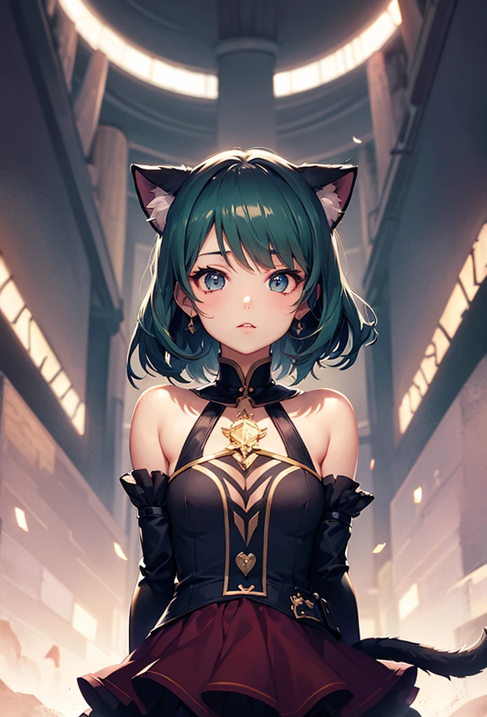 high quality,arknights,Kelsey,Kelsey(arknights),light yellow-green hair color,light yellow-green cat ears,Mature face,Clear look,Transparent eyes,Yellow-green eyes,short hairstyle,yellow green off shoulder,Expressionless