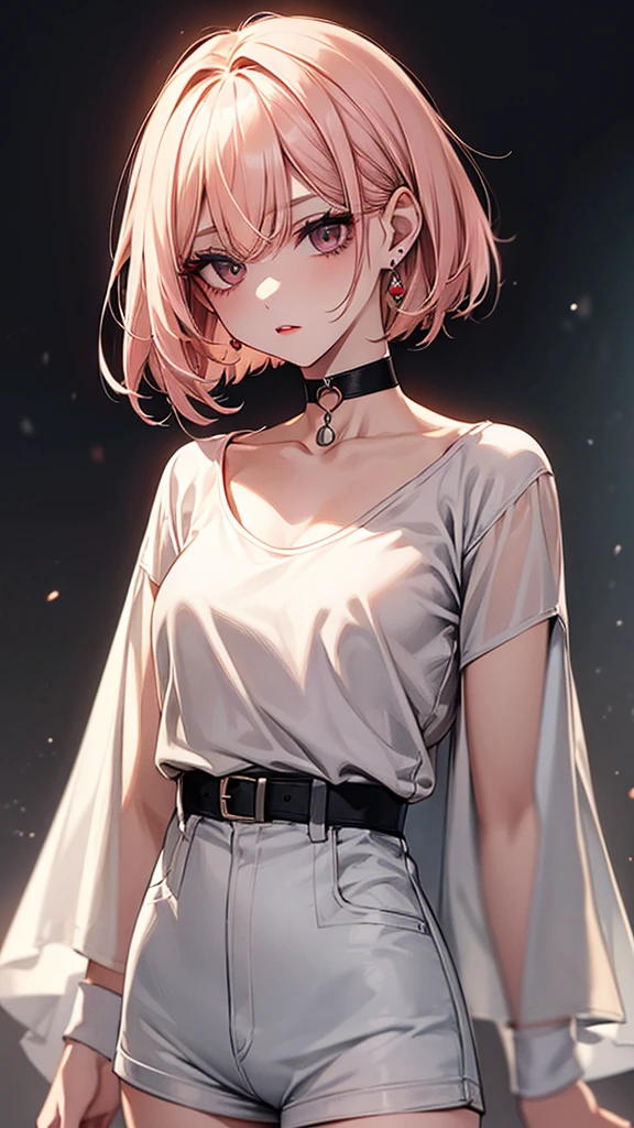 high resolution、high quality、full body figure、black eyes、short hair、High Layered Bob、girl、asymmetrical bangs、Light cream pink hair、white oversized t-shirt、shorts、slender body、low length、dark makeup、Highlighted red eyeshadow、Bright, dark eyeliner、Enhanced long eyelashes、droopy eyes、black eyes、Weakened eyes、slender、small breasts、delicate body、earrings、red lip、choker、