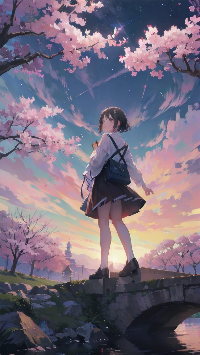 見上げるgirl シーン 1: Shadow of cherry blossoms at dusk A girl standing quietly with the sky behind her, Tinted Blue. 彼女の目の前にそびえ立つのはバベルのtowerと呼ばれる巨大な桜だ. shape, Like piercing the clouds, It'nice'Reaching the sky. girl'視線はCherry treeの頂上に向けられている.. tower, Enveloped in the darkness of the night, Creates a fantastic atmosphere. Cherry treeの表面には複雑な模様が刻まれている.. old-fashioned. girl seemed to sense something deep within the cherry blossoms.. Is it a memory of a classic story?、Or is it a longing for an unknown fantasy world??? Scene 2: Memories of the starry sky: Countless stars twinkle in the night sky、少女はtowerの頂上に立つ. At her feet, The city lights shine like jewels. girl ,takes a deep breath. 夜風の匂いとtowerの古い匂いが混じる. girl'A famous story played out in my head.. girl read a story of adventure and friendship.。 . The main character of the story, girlのように, バベルのtowerに登りました. There, She met her friends、Overcoming various difficulties. one day、The girl had a dream。, Like the main character, I'Go on an adventure. Scene 3: 朝焼けの約束 朝日の光がtowerを照らす頃、少女はtowerを出た. Please think back, towerは朝日に輝いて神々It even seemed. 少女はいつかまたこのtowerに登ると決めた. And she, She vows to tell the rest of the story. step by step, girl walked into the future,Cherry tree,Scattering cherry blossoms,face close up,looking at me,meteor,sitting,short bob,black hair,smile,playing in the river