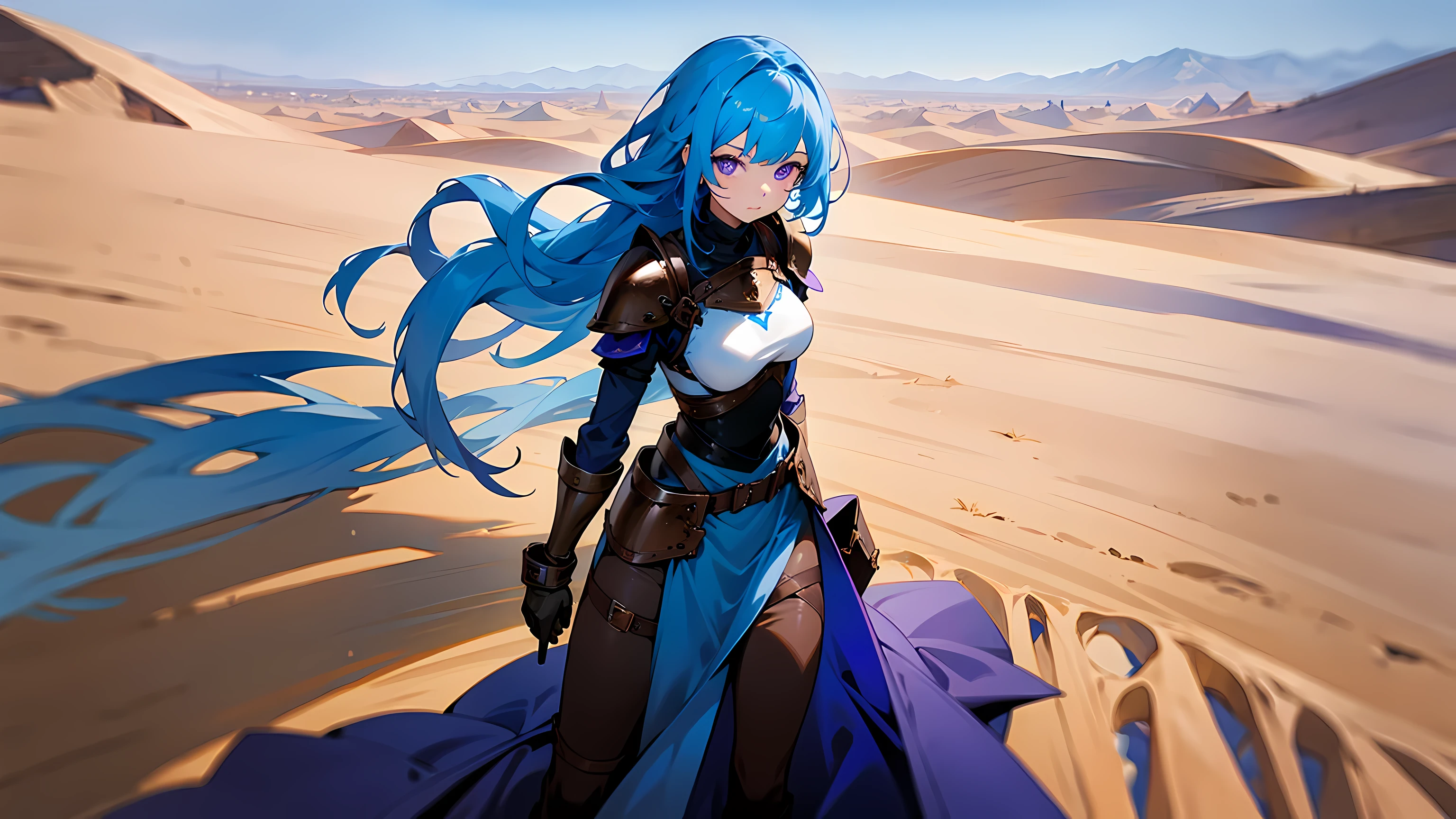 1Girl with blue hair and violet eyes. Wearing a blue dress, brown pants and leather armor, desert, absurdres, high res, ultrasharp, 8K, masterpiece, looking at viewer