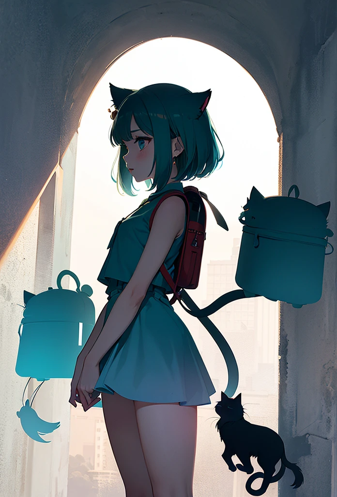 anime, puddle, (double exposure silhouette: 1.2), wearing layered dress ,1girl, solo cat ear, greenhair,bob cut hair,tail, detached sleeves, dress, earrings, backpack, randoseru,in pyramid,