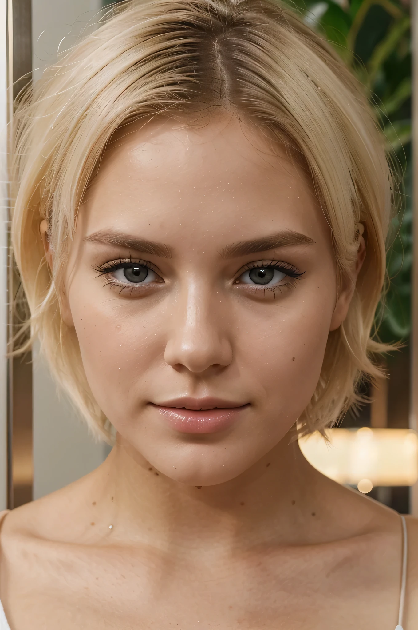 Instagram model, extemely pretty, young, 25 years old girl, front facing the camera, face closeup,white, short blonde hair
