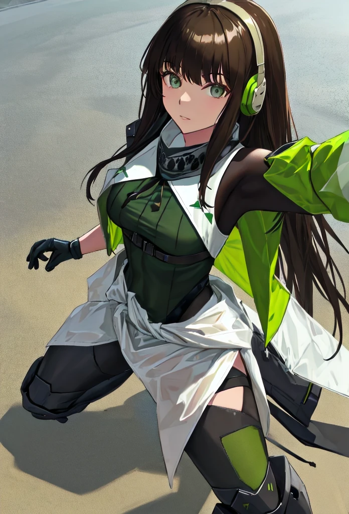 {safe:1.10}, best quality, masterpiece, highres, solo, {m4a1_girlsfrontline:0.90}, portrait, looking_at_viewermakeup, neckerchief, green armband, green one-piece sweater, black hair, long hair, (earphones), brown eyes, sand-colored windbreaker tied around the waist outdoors, at nig (in love), from above, black leotard, selfie, series pov