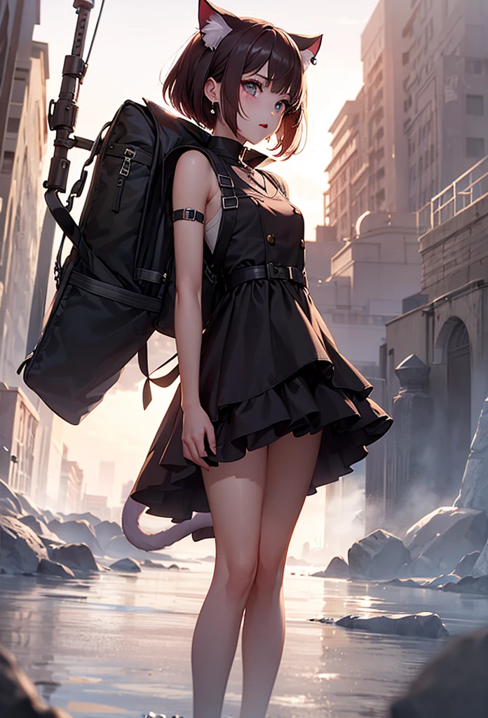 anime, puddle, (double exposure silhouette: 1.2), wearing layered dress ,1girl, solo cat ear, greenhair,bob cut hair,tail, detached sleeves, dress, earrings, backpack, randoseru,in pyramid,