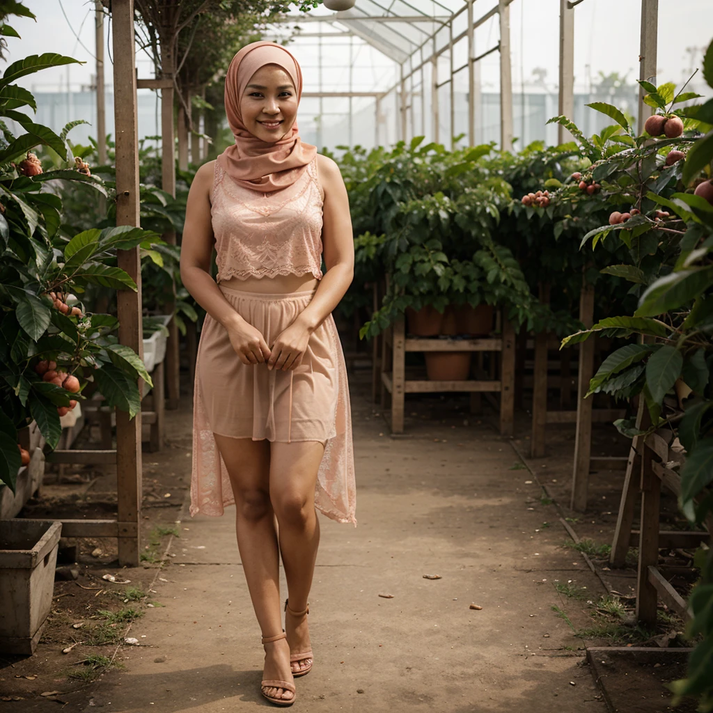 Realistic photo depicting 1 Indonesian woman in hijab, villager, poor woman, 52 years old, wearing peach color hijab jilbab, wearing see-through peach color lace camisole, wearing very short see-through peach color lace skirt, wearing no footwear, smiling, dark skin, curvy body, short body, standing alone in fruit greenhouse, facing the camera, full body, making it very realistic and detail