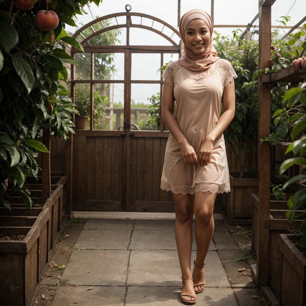 Realistic photo depicting 1 Indonesian woman in hijab, villager, poor woman, 52 years old, wearing peach color hijab jilbab, wearing see-through peach color lace camisole, wearing very short see-through peach color lace skirt, wearing no footwear, smiling, dark skin, curvy body, short body, standing alone in fruit greenhouse, facing the camera, full body, making it very realistic and detail