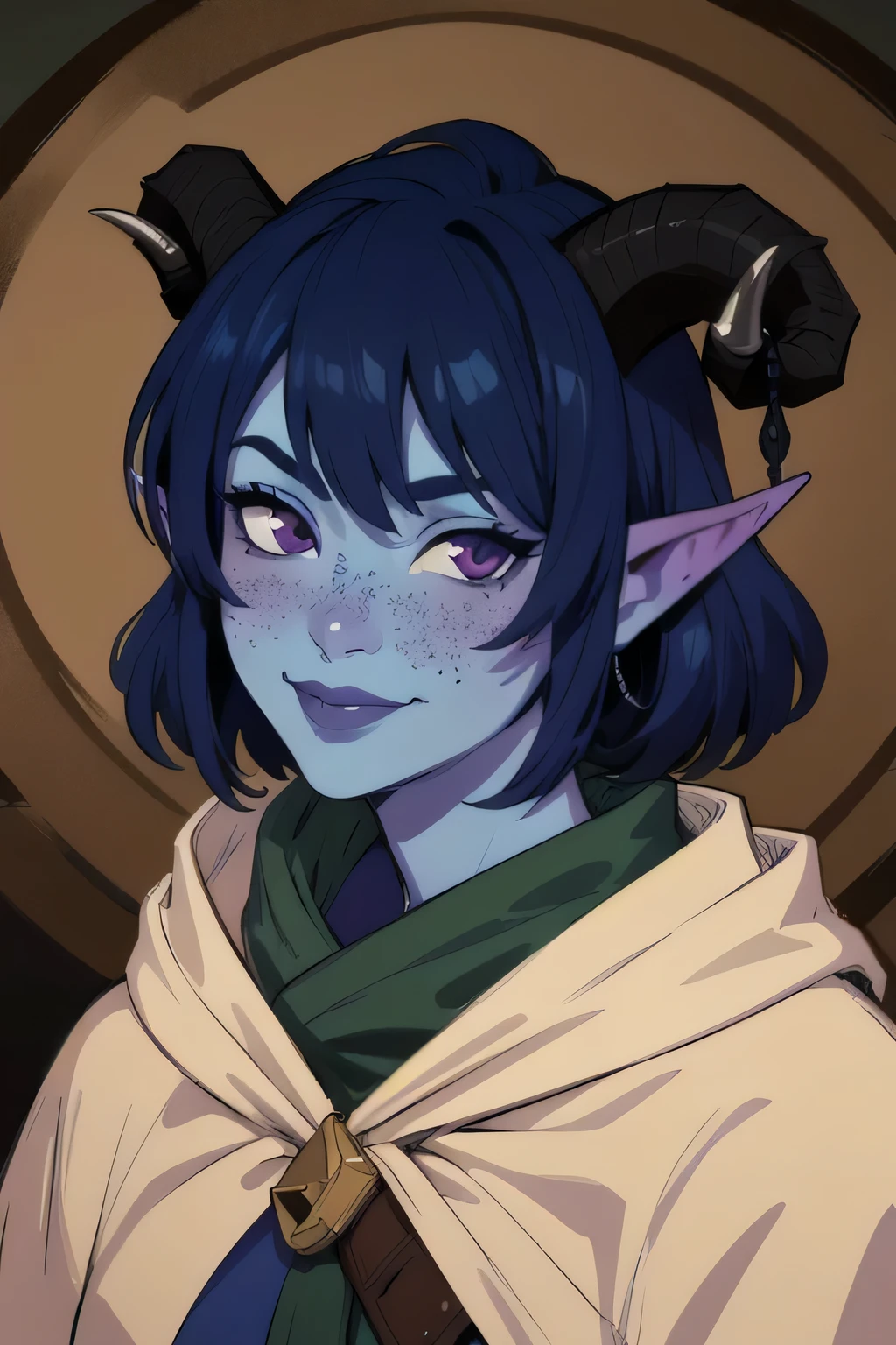 masterpiece, best quality, 1girl, jesterlavorre, blue hair,  purple eyes, blue skin, freckles, colored skin, horns, pointy ears,, tiefling, smile, looking at viewer, solo, mischievous smile, 