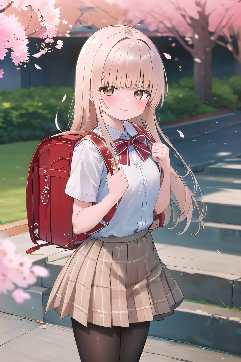 masterpiece, best quality, highres, aamahiru, long hair, red bowtie, white shirt, short sleeves, plaid skirt, brown skirt, pantyhose, standing, cowboy shot, outdoors, cherry blossoms, smile, carries backpack, (backpack:1.1), red backpack 