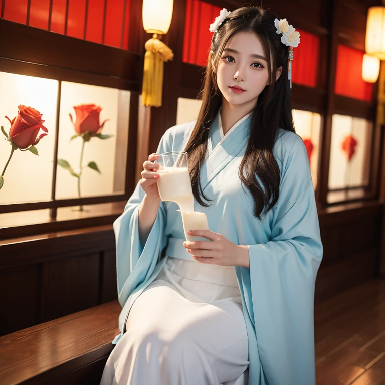 Anime girl holding a glass of milk and a red rose, Chinese girl, Realistic cute girl painting, beautiful figure painting, cute numbers艺术, A girl wearing Hanfu, cute and beautiful, Lovely and detailed digital art, cute numbers, Chinese style美, Hungry Ghost Festival, Chinese style