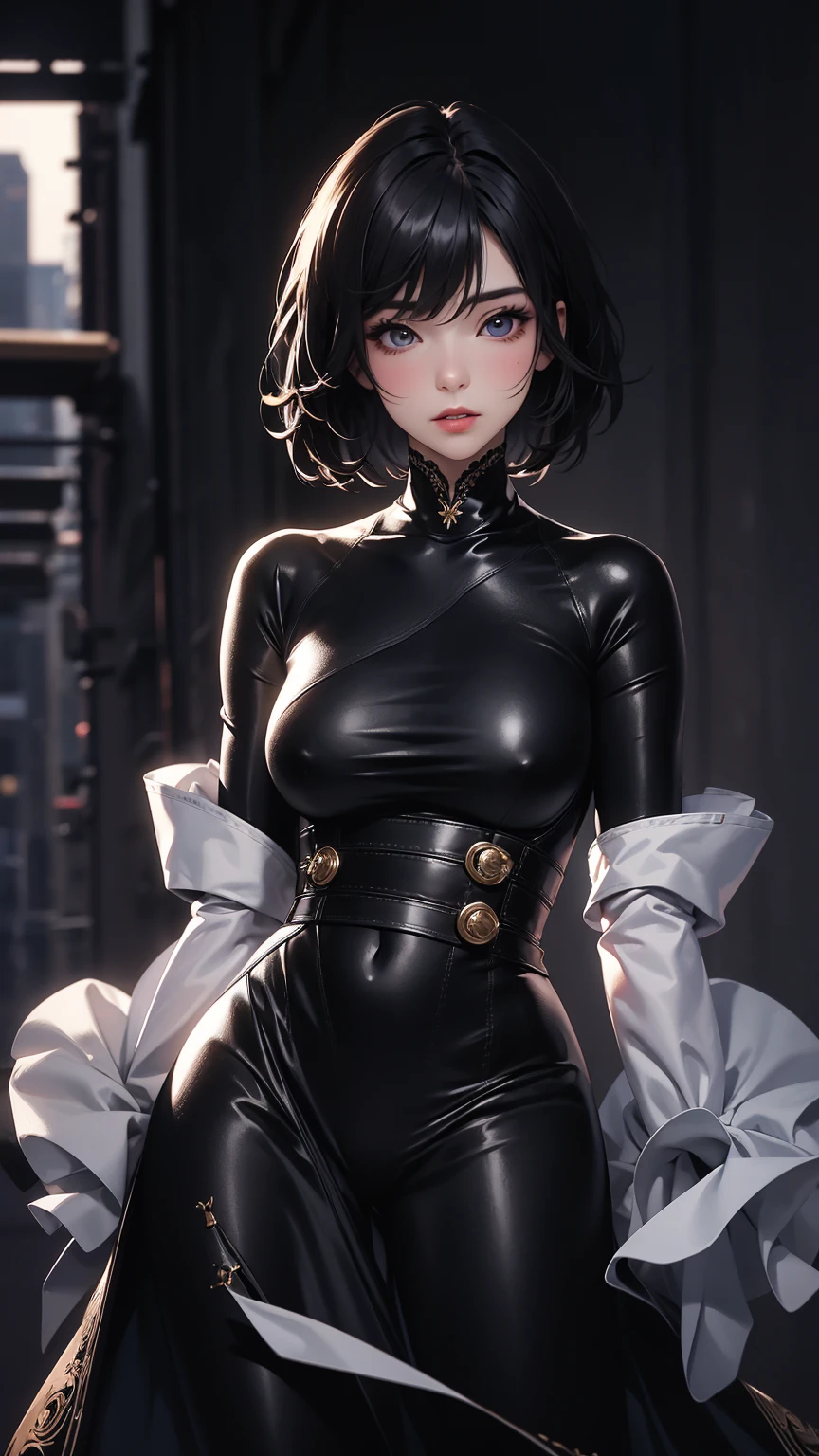 (Highly detailed CG unit 8k wallpaper, masterpiece, High resolution, highest quality, highest qualityのリアルテクスチャスキン), fashion pose:1.4, A cool NY fashion girl influenced by nostalgic and inorganic mode fashion., Asymmetrical short hair, detailed costume, fine embroidery, Coordination of high neck lace sleeve mini tight dress:1.3, ((,blurred background, An empty alley in New York)), hyper realistic, digital painting, concept art,