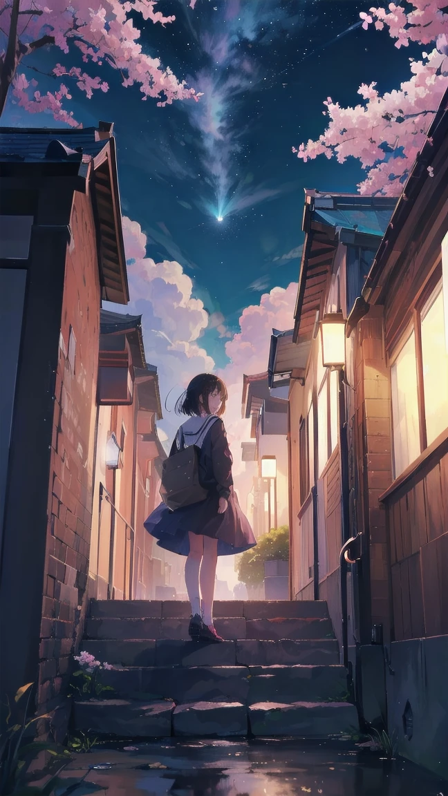 見上げるgirl シーン 1: Shadow of cherry blossoms at dusk A girl standing quietly with the sky behind her, Tinted Blue. 彼女の目の前にそびえ立つのはバベルのtowerと呼ばれる巨大な桜だ. shape, Like piercing the clouds, It'nice'Reaching the sky. girl'視線はCherry treeの頂上に向けられている.. tower, Enveloped in the darkness of the night, Creates a fantastic atmosphere. Cherry treeの表面には複雑な模様が刻まれている.. old-fashioned. girl seemed to sense something deep within the cherry blossoms.. Is it a memory of a classic story?、Or is it a longing for an unknown fantasy world??? Scene 2: Memories of the starry sky: Countless stars twinkle in the night sky、少女はtowerの頂上に立つ. At her feet, The city lights shine like jewels. girl ,takes a deep breath. 夜風の匂いとtowerの古い匂いが混じる. girl'A famous story played out in my head.. girl read a story of adventure and friendship.。 . The main character of the story, girlのように, バベルのtowerに登りました. There, She met her friends、Overcoming various difficulties. one day、The girl had a dream。, Like the main character, I'Go on an adventure. Scene 3: 朝焼けの約束 朝日の光がtowerを照らす頃、少女はtowerを出た. Please think back, towerは朝日に輝いて神々It even seemed. 少女はいつかまたこのtowerに登ると決めた. And she, She vows to tell the rest of the story. step by step, girl walked into the future,Cherry tree,Scattering cherry blossoms,face close up,looking at me,meteor,sitting,short bob,black hair,smile,playing in the river,perspective from below
