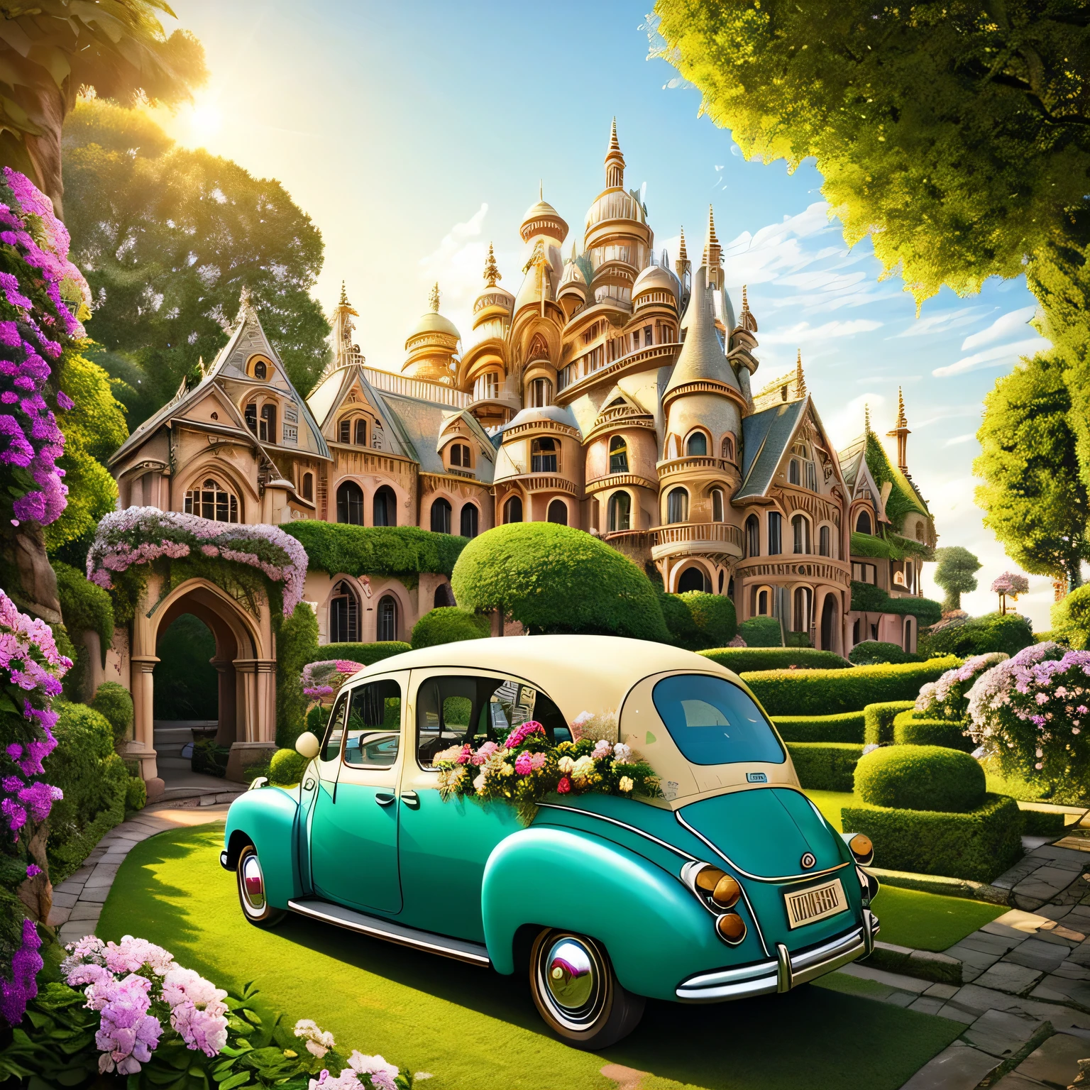 with rust and wealering adding character to its surface, reflects le vibrant hues of le garden and le elephant's massive form. The lush foliage surrounds le scene, avec des pétales tombant doucement comme des confettis, adding to le enchanting ambiance. Intricate details of le car's design are highlighted as le sun illuminates every curve and crevice, inviting viewers to explore le story hidden within its history. The scene is captured in Ultra High Definition, immersing le viewer in a mesmerizing, monde onirique. A gentle breeze carries le sweet scent of flowers through le air, evoking a feeling of peace and tranquility. la voiture ancienne, le