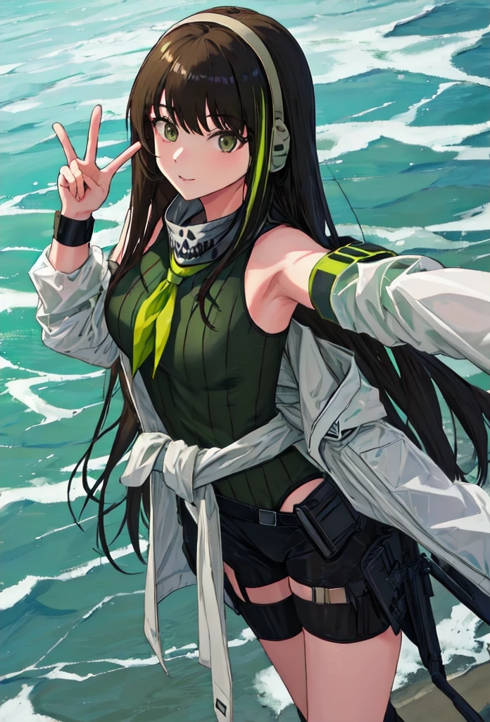 {safe:1.10}, best quality, masterpiece, highres, solo, {m4a1_girlsfrontline:0.90}, portrait, looking_at_viewermakeup, neckerchief, green armband, green one-piece sweater, black hair, long hair, (earphones), brown eyes, sand-colored windbreaker tied around the waist outdoors, at nig (in love), from above, black leotard, selfie, series pov, piece sign, peace, two fingers