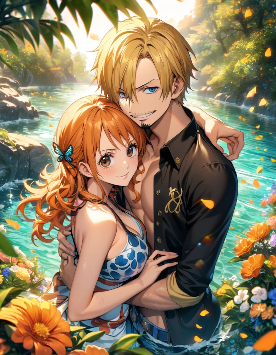 Ultra detailed, highres, absurdres, HDR, Sanji, blonde hair, blue eyes, Nami, orange hair, brown eyes, One Piece, 1 man with 1 woman together as a couple, green leaves, water, flowers and petals, butterflies