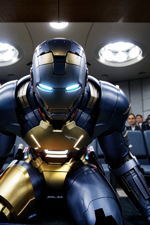 A blue, gold Ironman lands in the Bundestag. he is still kneeling. He got in through the ceiling. the seats are occupied. his face shows determination. close up. highest quality. no close-up.