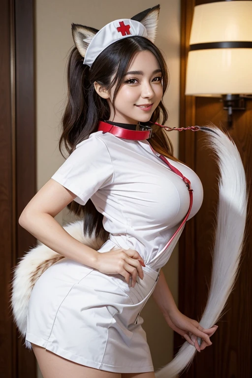 ((highest quality)), ((masterpiece)), (get used to it), perfect face, fox girl, Beautiful woman, public, A tail is growing, she has a fluffy tail, she has a fox tail, she wags her tail, smile, collar and leash, She is wearing a nurse uniform, beautiful ,  , big tail