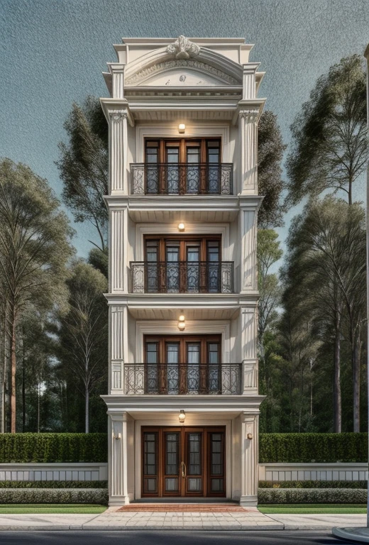 ((masterpiece,best quality,highres,sharp forcus)) (((detail forcus))) , (house in style of neoclassic) Clarify the details of moldings, decorative patterns, and exteriors