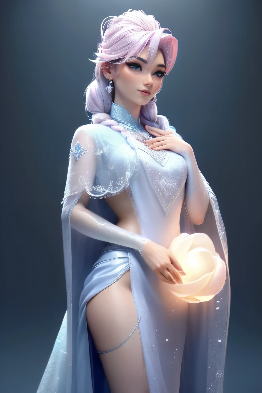 (elsa frozen-rose quartz SU mezclando modelos .) (ultra FUSION) Highly detailed CG unity 8k wallpaper, style shot, complex, high detail, dramatic, highest quality movie still image, very detailed, masterpiece, best quality, character design, Elsa, Elsa from Frozen,Pink Diamond fusion (( Dark style)), realistic ultra-detailed rendering style, natural light, sharp character design, (hard focus, 8k), (((natural skin texture))), 8k textures, soft cinematic lighting, adobe lightroom, dark room, hdr, Sophisticated, Elegant, Rich Detail, Sharp Focuilm Look) )), Soothing Tones, Detail Frenzy, Intricate Detail, Super Detail, Low Contrast, Soft Film Lighting, Dull Colors, Exposure Blending, HDR, Fade, 35mm, f/1.4, ISO64, f16, 25 sec.