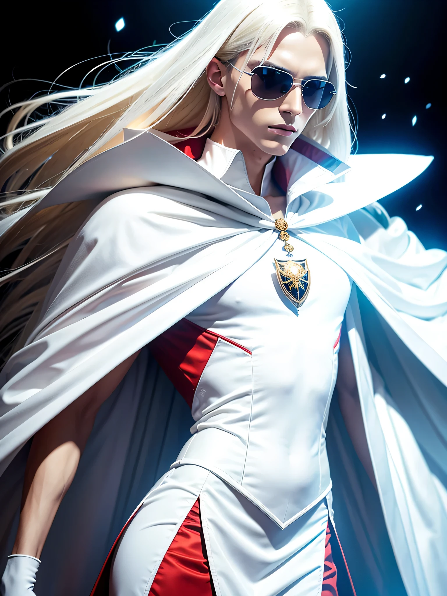 man in white and gold outfit with cape and sunglasses, beautiful androgynous prince, portrait of magical blond prince, delicate androgynous prince, inspired by Li Chevalier, alucard, white cyborg fashion shot, sakimichan frank franzzeta, sleek white armor, glamourous cosplay, white armor, with long white hair