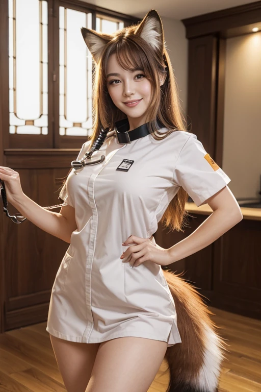 ((highest quality)), ((masterpiece)), (get used to it), perfect face, fox girl, Beautiful woman, public, A tail is growing, she has a fluffy tail, she has a fox tail, she wags her tail, smile, collar and leash, She is wearing a nurse uniform, beautiful hips,  big tail