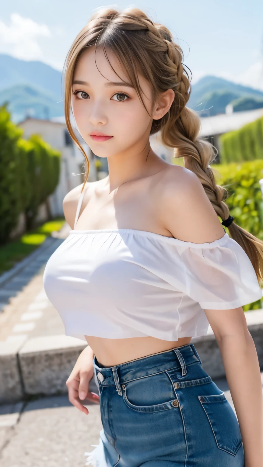 Tabletop, highest quality, figure, Very detailed, In detail, High resolution, 8k wallpaper,Sexy big 、A cute 21-year-old girl with a sexy and cute look, Beautiful and sexy face、The strong wind blows the hair in front of my face、Blonde French braids with cute and sexy eyes hidden by long bangs、Belly button exposed（1：1.8）、Off-the-shoulder T-shirt、Colorful tulle mini skirt
