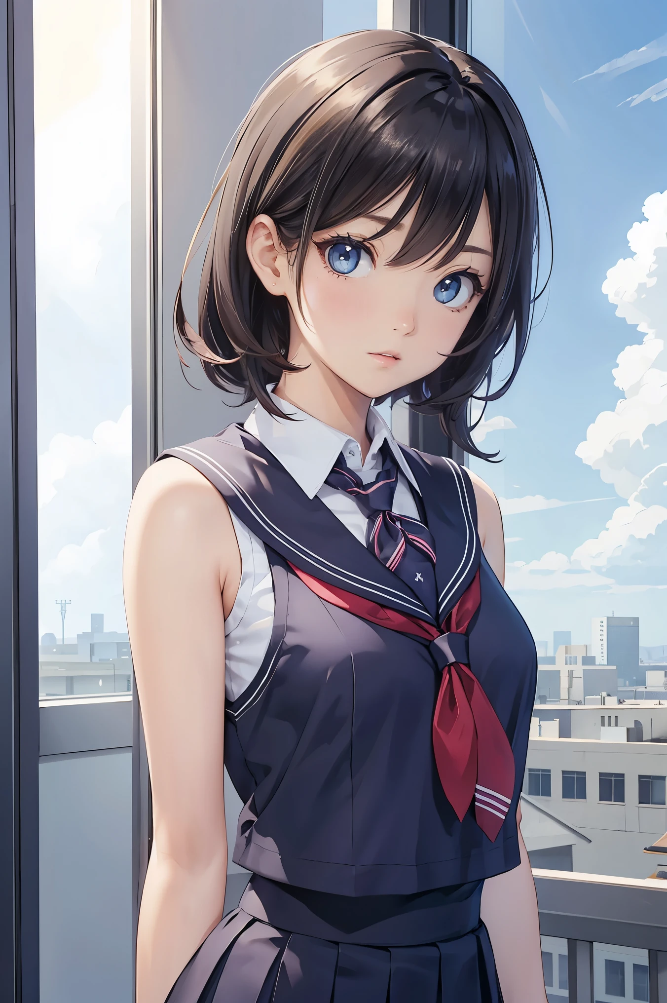 A school girl in sky,sleeveless middy uniform
