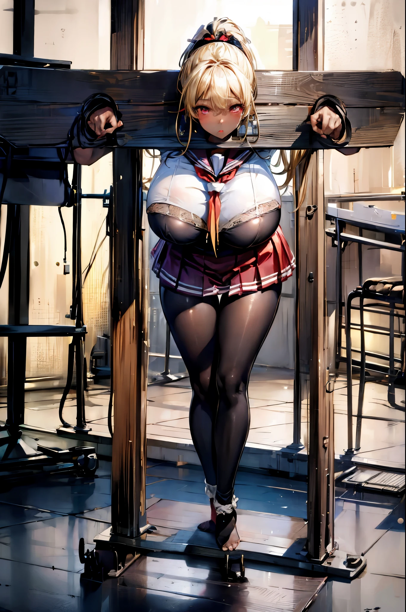 (masterpiece:1.2、highest quality、T Masterpiece)、1 female、alone、classroom、Day、stand、blonde、ponytail、red eyes、(sailor suit:1.3)、(black skin:1.25)、big breasts、pantyhose、corset、earrings、lipstick、very sweaty、Scrunchie、choker、blush、(pillory:1.4)