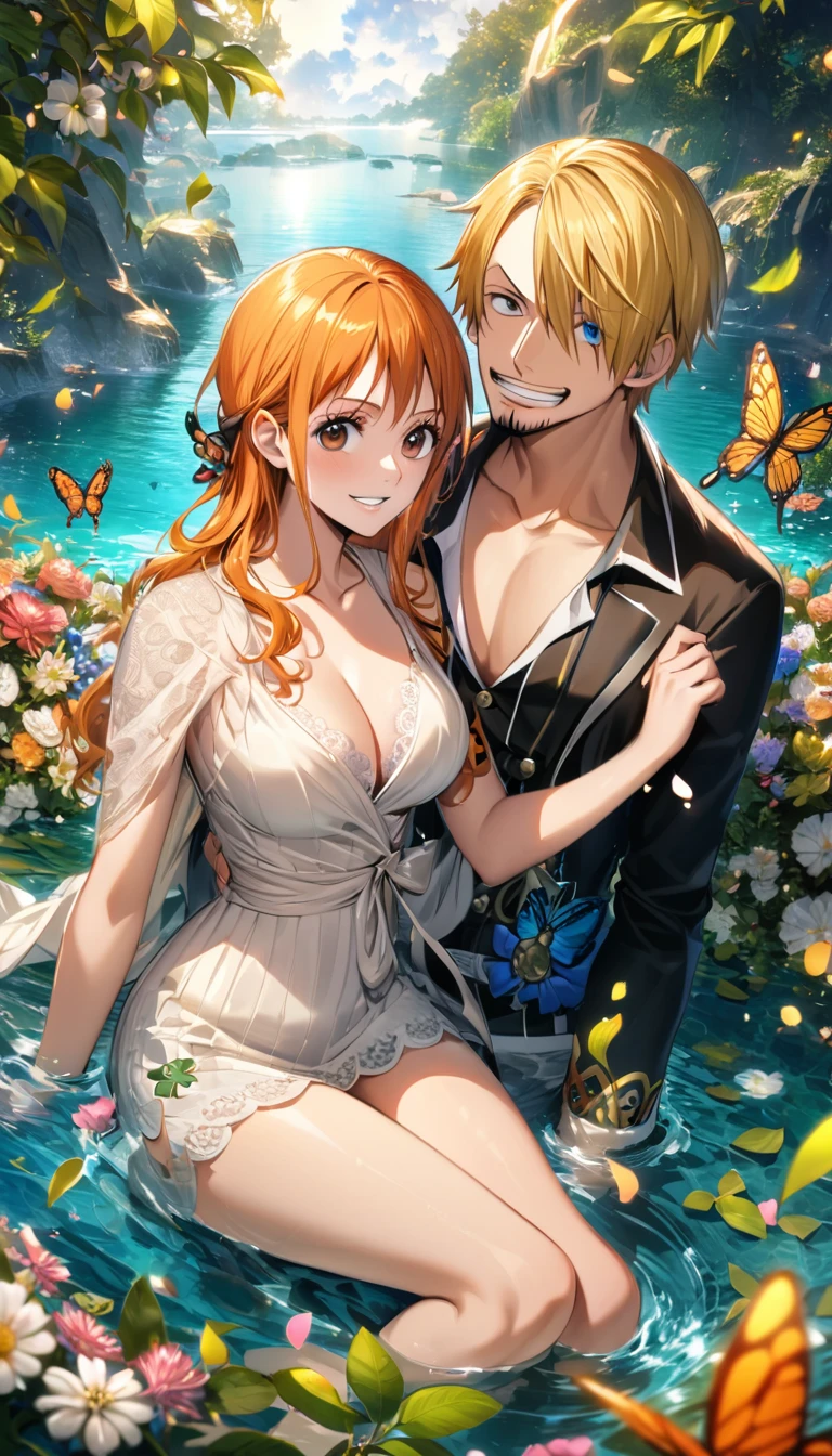 Ultra detailed, highres, absurdres, HDR, Sanji, blonde hair, blue eyes, Nami, orange hair, brown eyes, One Piece, 1 man with 1 woman together as a couple, green leaves, water, flowers and petals, butterflies