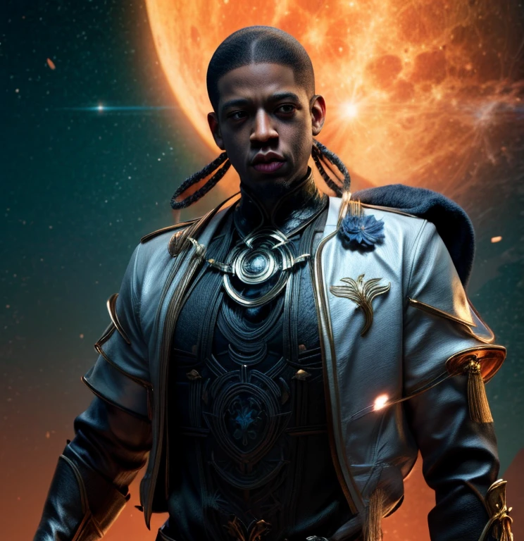 Strong blessed Warrior soul embodiment of peace, love, patience, bravery, courage, compassion, confidence, masculine, cancer sun, zodiac, Sagittarius moon in natal chart, Libra ascendant, man, Deep dark Blue hazey aura flowing around body, black man, brown skin, attractive, muscular, warm radiant essence, divine presence, Godly, Divine, grace, high resolution photo, 4k, 8k, high quality, anime, hetero, straight, dark haircut, Jay Z Style of clothing, Hip Hop, Rhea Ripley genetics, African American, melanin skin