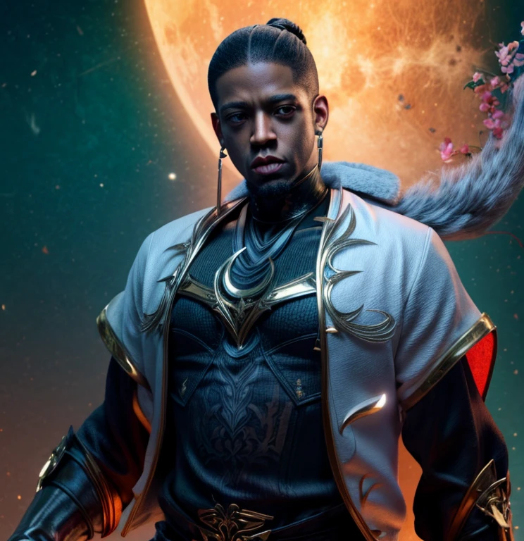Strong blessed Warrior soul embodiment of peace, love, patience, bravery, courage, compassion, confidence, masculine, cancer sun, zodiac, Sagittarius moon in natal chart, Libra ascendant, man, Deep dark Blue hazey aura flowing around body, black man, brown skin, attractive, muscular, warm radiant essence, divine presence, Godly, Divine, grace, high resolution photo, 4k, 8k, high quality, anime, hetero, straight, dark haircut, Jay Z Style of clothing, Hip Hop, Rhea Ripley genetics, African American, melanin skin