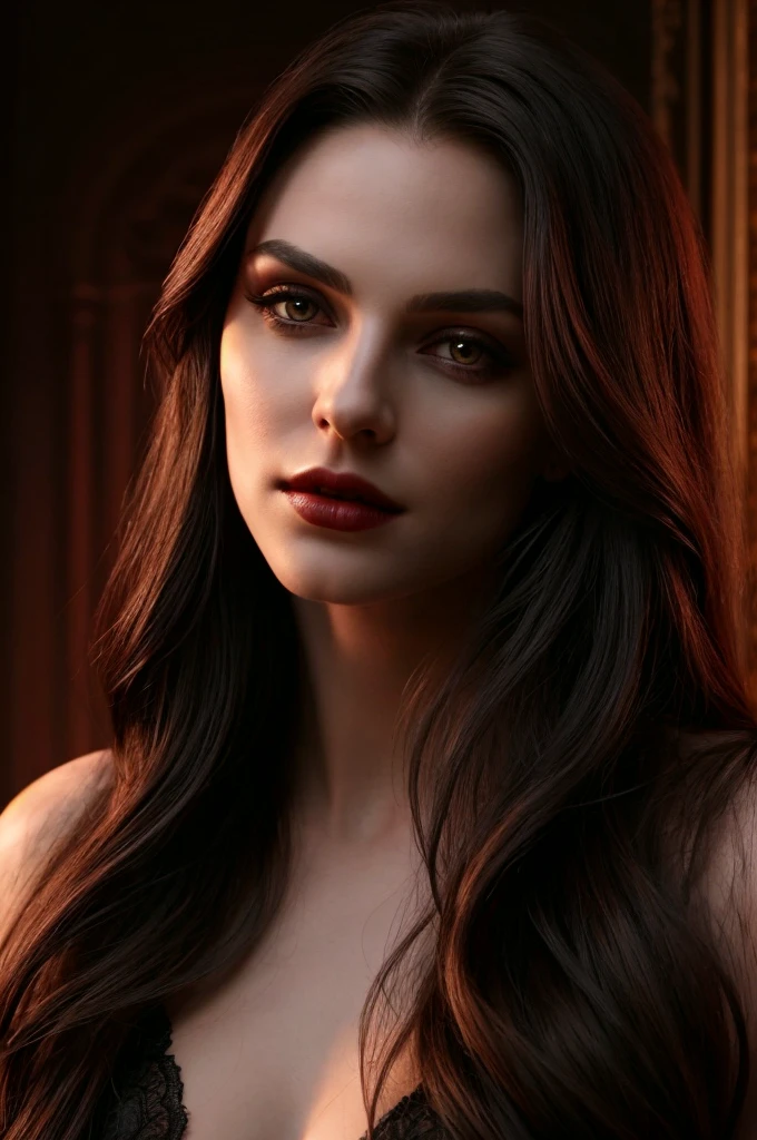 Create the image of a handsome vampire, to That That Just Woke Up from a Deep Sleep，The other is a noble and elegant girl，Beautiful alluring colorless eyes, A vampire with a refined and elegant appearance，They have a lot of time, Loose hair and angular features，Their skin should be pale and flawless，With a touch of potus That transcendental beauty, A vampire's eyes should be deep and seductive，With a predatory glow，An allusion to their insatiable bloodlust，(They have to wear erotic clothes, That&#39;s modern and timeless)，His style refers to the long history of human life，When they wake up from a deep sleep，Vampires Should Exercise Calm Confidence，Exudes an aura of danger and intrigue，The background should be shrouded in shadow，Just a hint of moonlight broke through the darkness，In the hands of vampires，There should be a small vial of blood，Based on their latest victims，Vampires should be content and a little worried about their hunger，How would that they know about the danger, That, What is presented to others，gothic art style，Ultra-realistic realism，Psychedelic surrealist art，Surreal psychedelic design，Dreaming style， psychedelic art，Quality Quantity, skin texture, intricate details, (cinemathatgraphic lighting), RAW фоThat, 8K，