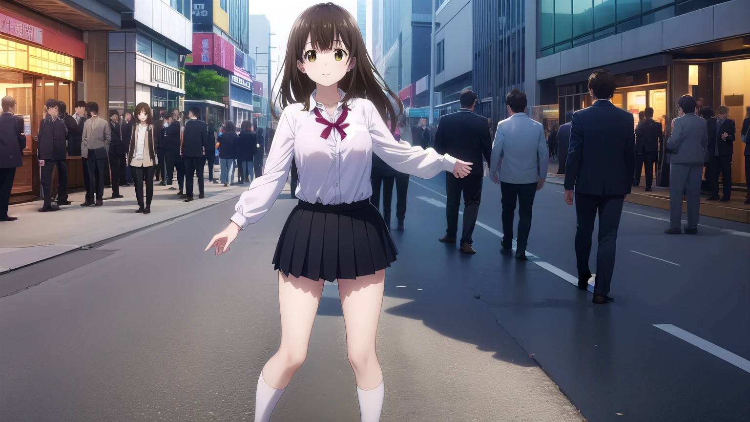 sayuogiwara, Sayu Ogiwara, brown hair, (brown eyes:1.5), medium hair,beautiful breasts, pubic hair, {{dance naked}},{{outdoor}}, {{Downtown}},{{In front of the station}},{{Akihabara downtown}},{{congestion}},{{{{surrounded by a crowd}}}, Blue sky,{{{{whole body}}}}, NSFW, （smile）