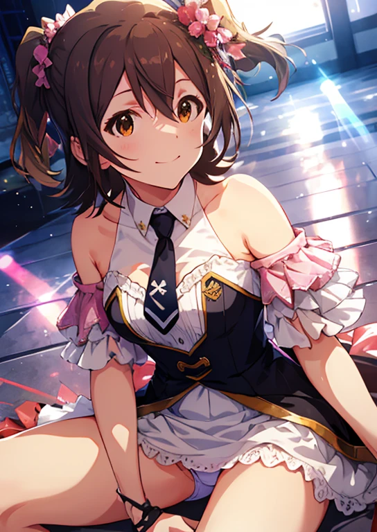 Mirai Kasuga (million live), (highest quality, 8K, masterpiece, Super detailed:1.2), (Lens flare, particles of light, shine), big breasts, smile, open your mouth, masterpiece, highest quality, Super detailed, High resolution, Very detailed CG, official art, idol costume, pink tie,white skirt, off shoulder, ((nfsw)), dynamic angle, perfect body,sexy, panty shot, sit,M-shaped spread legs, (raise your legs),Panties that dig into the crotch, 