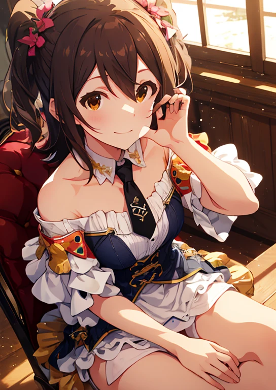 Mirai Kasuga (million live), (highest quality, 8K, masterpiece, Super detailed:1.2), (Lens flare, particles of light, shine), big breasts, smile, open your mouth, masterpiece, highest quality, Super detailed, High resolution, Very detailed CG, official art, idol costume, pink tie,white skirt, off shoulder, ((nfsw)), dynamic angle, perfect body,sexy, panty shot, lie down,((M-shaped spread legs)), (Squat down with one knee up),(spread your legs),raise your legs,Panties that dig into the crotch,