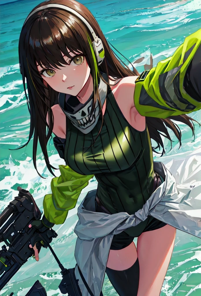 {safe:1.10}, best quality, masterpiece, highres, solo, {m4a1_girlsfrontline:0.90}, portrait, looking_at_viewermakeup, neckerchief, green armband, green one-piece sweater, black hair, long hair, (earphones), brown eyes, sand-colored windbreaker tied around the waist outdoors, at nig (in love), from above, black leotard, selfie, series pov, piece sign, peace, two fingers