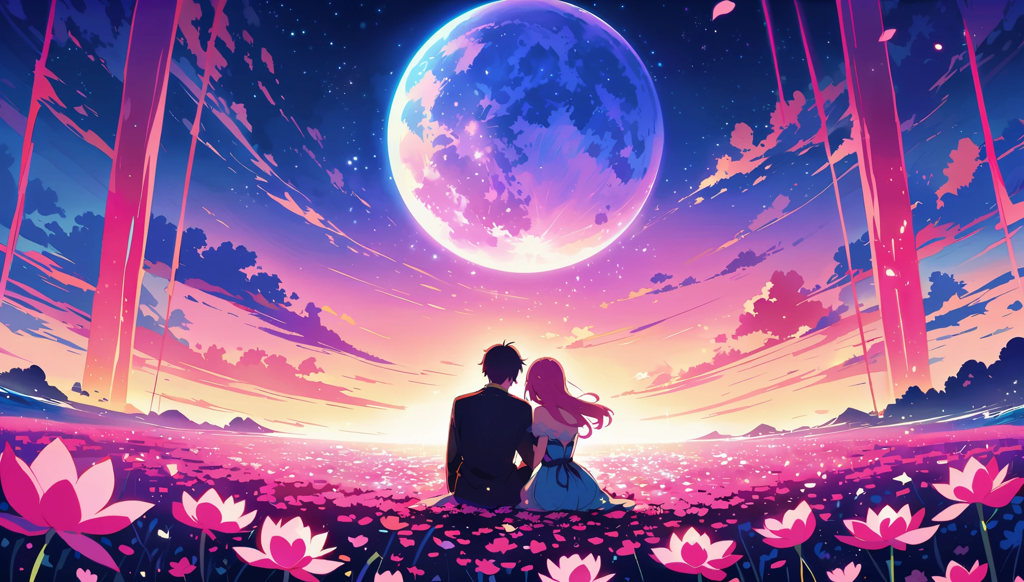 A couple sits on the edge of an endless sea made entirely of pink lotus flowers, with their backs to each other and facing away. The bright moon shines before them, creating a romantic atmosphere. This is illustrated in the style of anime art with a touch of illustration. It features vibrant colors and a night scene, with neon lights shining through the petals. One hand holds a bouquet of roses, while another person holds hands with their lover, focusing on their face.