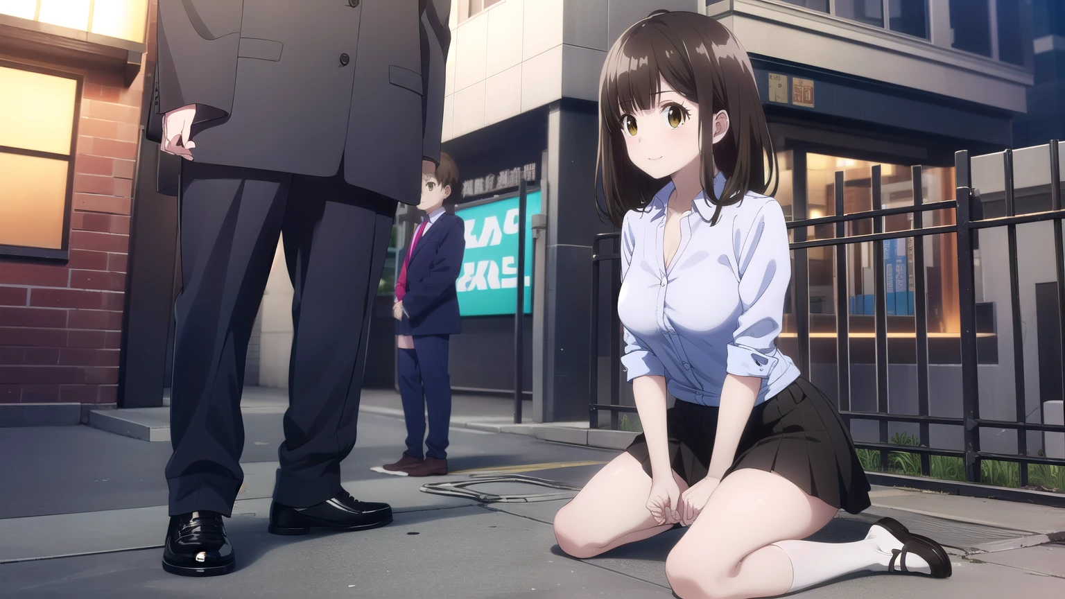 sayuogiwara, Sayu Ogiwara, brown hair, (brown eyes:1.5), medium hair,beautiful breasts, break ,{{outdoor}}, {{Walking through the bustling town}},{{main street}},{{Akihabara downtown}},{{congestion}},{{surrounded by a crowd}},collared shirt, white shirt, skirt, pleated skirt, black skirt, socks, transparent white lace bra,White lace sheer panties, break looking at viewer, whole body, break{Japanese high school girl uniform},{{{{whole body}}}}, NSFW, （smile）、NSFW、 break (masterpiece:1.2), highest quality, High resolution, unity 8k wallpaper, Very detailed CG, (perfect hands, perfect anatomy),