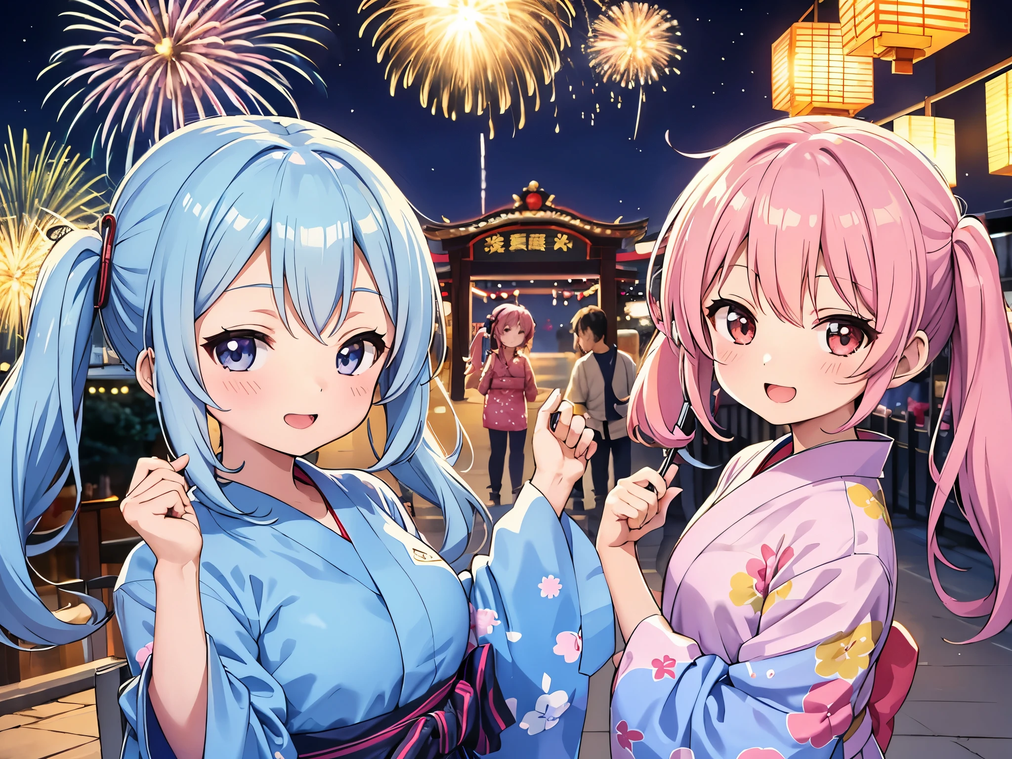 chibikyara in Yukata,light blue long hair、twin tails、Have fun with friends、Outstanding smile,Summer festival,night,Opening a store,Spirit Stream,Large fireworks,a lot of people、A gorgeous festival scene、Chibi characters look fun