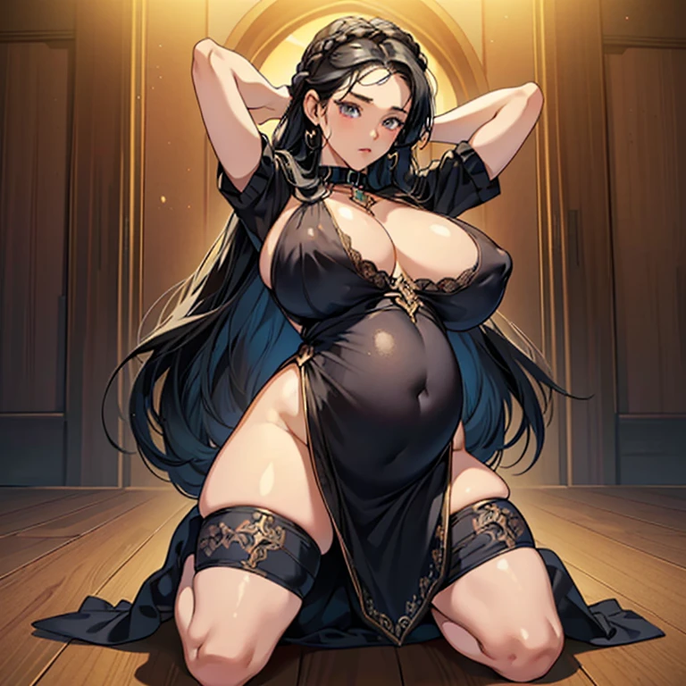 (anime moe style)),((game CG)),(masterpiece),(highest quality), (Super detailed),shape,((very delicate and beautiful)), , very shy look,looking at the viewer,(((18 years old female)),((whole body)),detailed face and eyes,eyes like jewels,(loosely braided long hair),,,(super huge breasts,long and slightly saggy breasts,very big nipples) Black hair and dark eyes plump body Pregnant woman with big belly durable slave collar Archangel, birth, hands behind head, kneeling, wearing black mini dress, black magician girl style